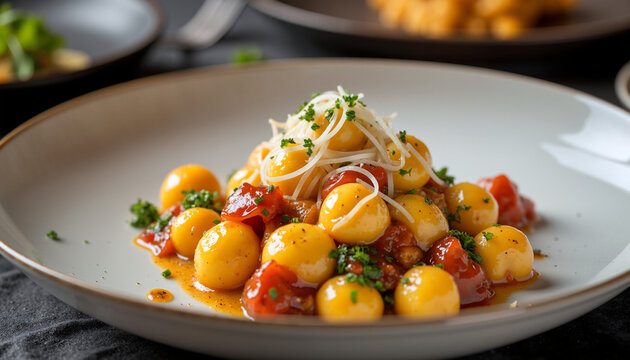 Gnocchi with tomato sauce and cheese on a white plate  