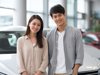 Obraz premium 新しい車の前で笑顔を見せる若いカップル
