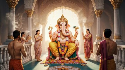 Devotees offering prayers to Lord Ganesha in a temple with intricate architecture and serene ambiance - Powered by Adobe