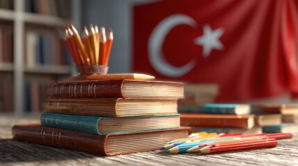 Colorful pencils and stacked books on a wooden table with Turkish flag in the background during a calm study session
