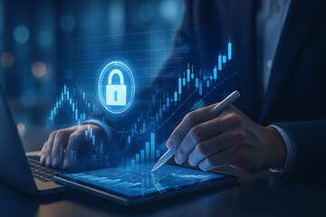 Cybersecurity protection concept with padlock symbol and financial technology charts representing safe digital trading