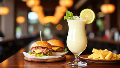 Fresh burgers with a tropical drink and side of fries on table  