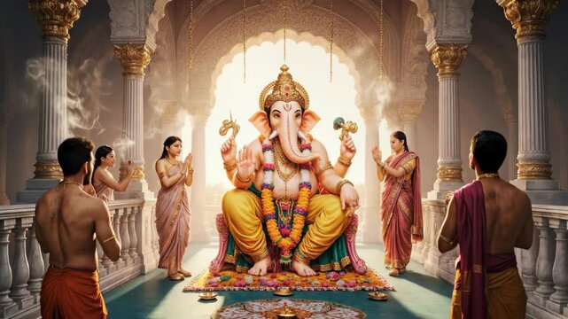 Devotees offering prayers to Lord Ganesha in a temple with intricate architecture and serene ambiance