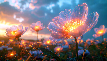 A surreal garden where glowing, translucent flowers represent subatomic particles. Luminous paths trace the invisible trajectories of electrons as they dance between the petals under a twilight sky.
