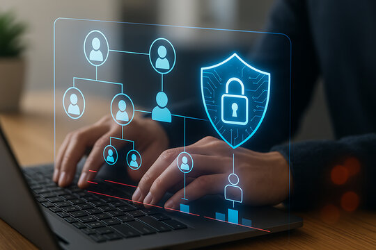 Digital HR system illustration with secure holographic network of employees and padlock icon representing protection - Powered by Adobe