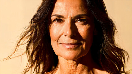 Close-up portrait of a mature woman with wavy brown hair, gentle smile, and visible skin texture in warm natural light against a beige background. Concept: confidence, real beauty, aging well