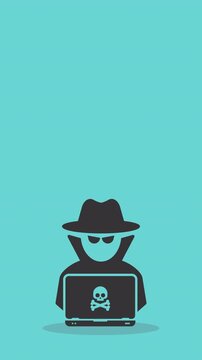 Hacker at laptop icon. Animated video of hacker at laptop, animation for web design