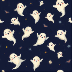 Seamless pattern of adorable, floating, friendly ghosts with playful expressions on dark background, for Halloween packaging, textiles, and digital backgrounds.eps