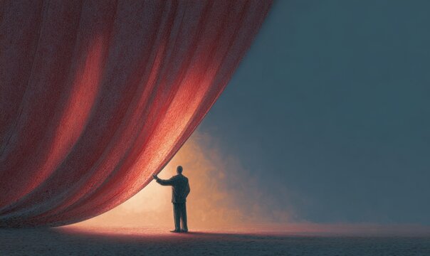 Man revealing a red curtain, dramatic lighting, mysterious scene.