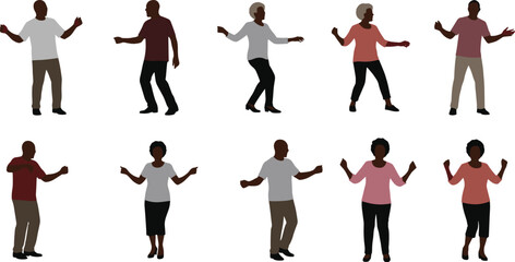 Dancing people silhouettes set, diverse rhythmic poses with energy and motion, celebration and joy