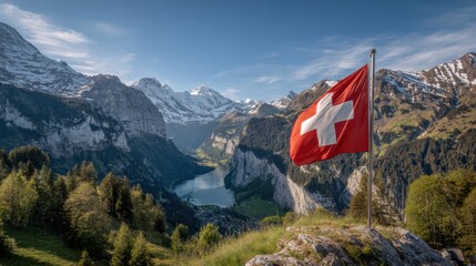 Scenic view of the Swiss flag waving amidst the majestic mountains and valley in Switzerland during a clear day