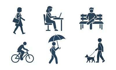  working silhouette icons sate.Vector illustration in Sitting, walking, dancing, etc. 