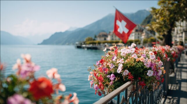 Stunning lakeside promenade with colorful flowers and Swiss flag near the mountains in the afternoon sun