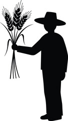 Silhouette farmer holding wheat bundle, agriculture worker in wide hat, traditional harvest farming concept, black and white illustration
