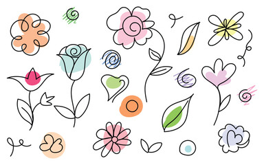 Pastel floral doodle art, Hand-drawn botanical set, Cute colorful flowers