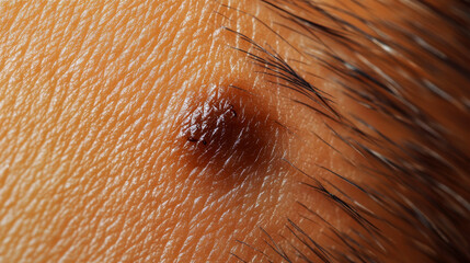 A close-up of a mole on skin with visible hair surrounding it. Concept of dermatological examination and skin health. For medical articles or educational content.