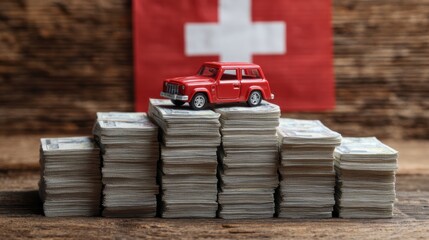 Stacked money with a toy car on top against a Swiss flag background in a creative display of wealth
