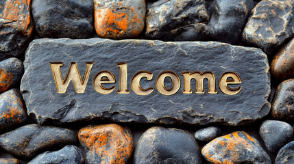 Stone with engraved text "Welcome" among dark and orange rocks. Concept of greeting and hospitality. For home decoration.