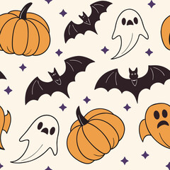 Cute Halloween seamless pattern featuring pumpkins, flying bats, and friendly ghosts on a light beige background. Decorated with small purple stars for a whimsical spooky look. Perfect for Halloween-t