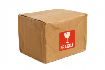 Cardboard delivery box with red fragile symbol, featuring shipping and moving concepts on transparent background