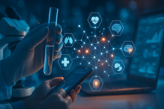 Medical laboratory research with scientist using smartphone data connected to digital healthcare science hologram network