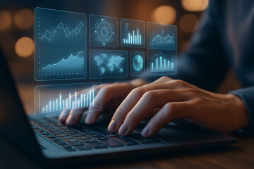 Professional working on laptop with virtual financial dashboards and graphs representing global analytics and statistics