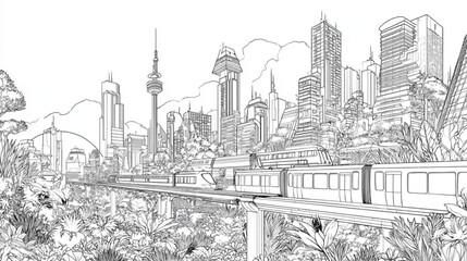 Fototapeta premium Detailed line art drawing of a modern city skyline with a monorail.