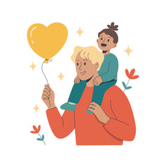 Obraz premium Cartoon Family Bonding Illustration Featuring Adult Carrying Child on Shoulders with Heart-Shaped Balloon, Surrounded by Stars and Flowers, Joyful Parenting Scene for Love, Celebration.