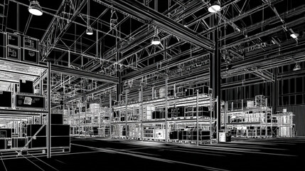Naklejka premium Wireframe rendering of a modern industrial warehouse interior.