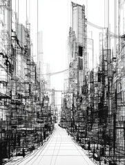 Fototapeta premium Architectural line drawing of a dense urban canyon perspective.