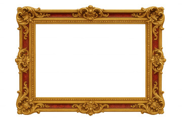 Ornate gold picture frame with baroque rococo carving and red velvet border on transparent background