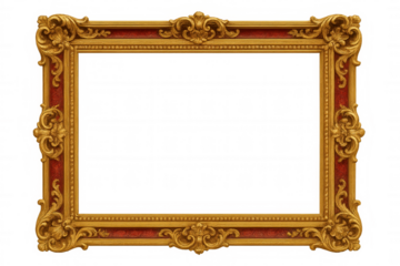 Ornate gold picture frame with baroque rococo carving and red velvet border on transparent background