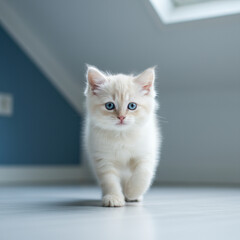 A Charming White Kitten With Blue Eyes Walks Gracefully in A Sunlit Room. The Soft Light From the Skylight Highlights the Kitten's Fluffy Fur, Creating A Picture-perfect Moment. Ideal for Pet Lovers 