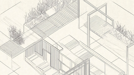 Fototapeta premium Hand Drawn Axonometric Projection of a Modern House Plan.