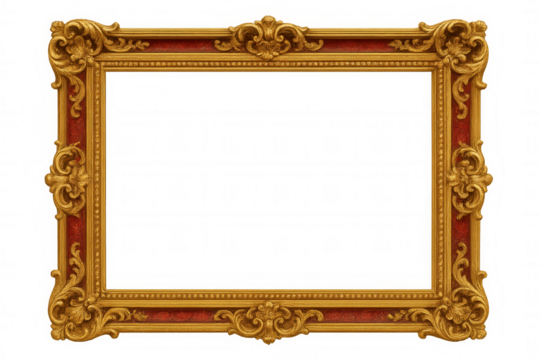 Ornate gold picture frame with baroque rococo carving and red velvet border on transparent background