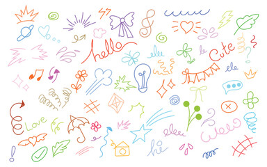 Colorful fun doodle art, Playful pastel sketch set, Rainbow creative pattern