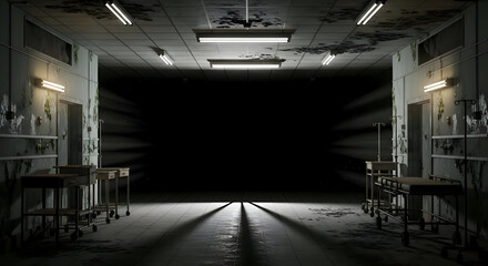 Eerie and dimly lit abandoned hospital corridor with decaying walls, rusty medical equipment, and foreboding shadows, creating a sense of dread