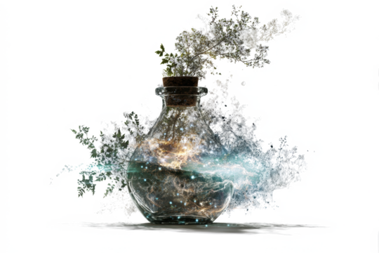 Magical potion bottle with swirling elements fantasy illustration with ethereal effects suitable for book covers and digital art