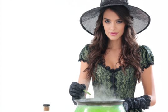 Young woman in a witch costume stirring a potion in a cauldron Halloween concept isolated on white background