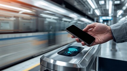 Man using mobile phone to pay fare at subway station. Digital payment system via smartphone app. Contactless entrance technology for public transport.