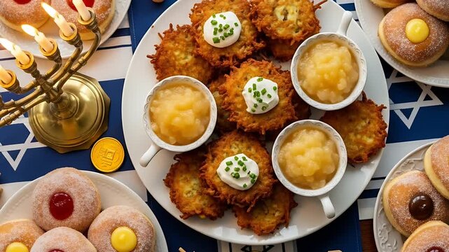 Hanukkah feast with latkes sufganiyot applesauce chocolate coins dreidels and a lit menorah Celebrate the holidays !