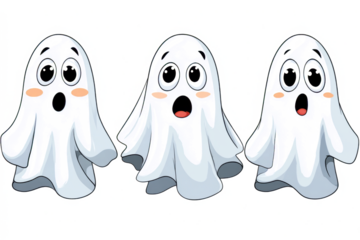 Three cute cartoon ghosts with surprised expressions vector illustration for Halloween isolated on white background