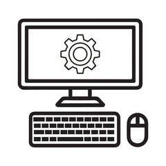 Scalable vector illustration of a computer monitor keyboard and mouse with gear icon isolated on white background