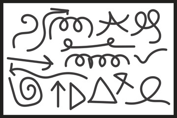 Set of Black Line Art Arrows, Spirals, and Geometric Shapes on White abstract border