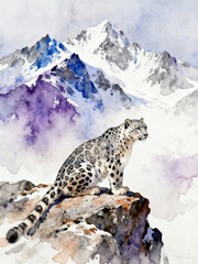 Snow leopard sitting on rock with mountains in watercolor style  
