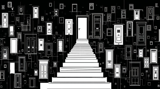 A white staircase ascending towards a single glowing door of choice.