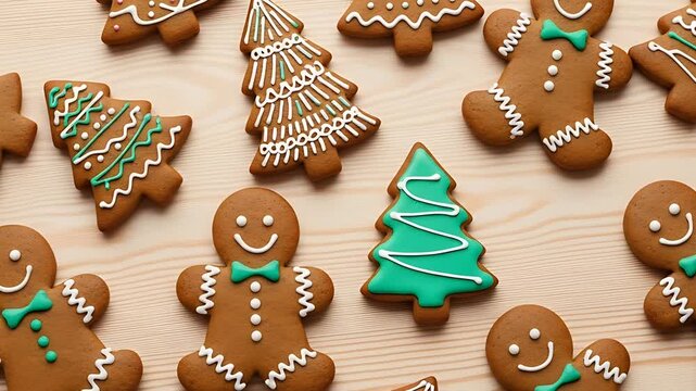 Festive gingerbread cookies shaped like men and trees decorated with colorful icing are scattered on a light wooden surface