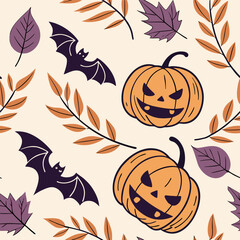 Halloween seamless pattern with pumpkins bats ghosts and spider webs  

