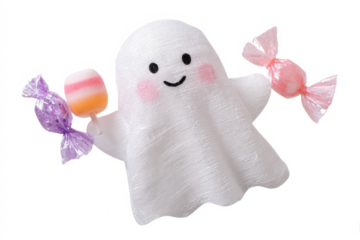 Cute ghost holding candy a sweet Halloween treat isolated on white background