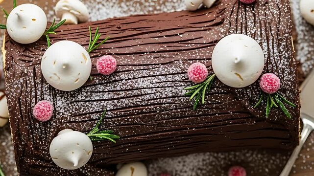 Festive Yule Log Cake : A chocolate delight with meringue mushrooms sugared berries rosemary and powdered sugar on a rustic wooden board